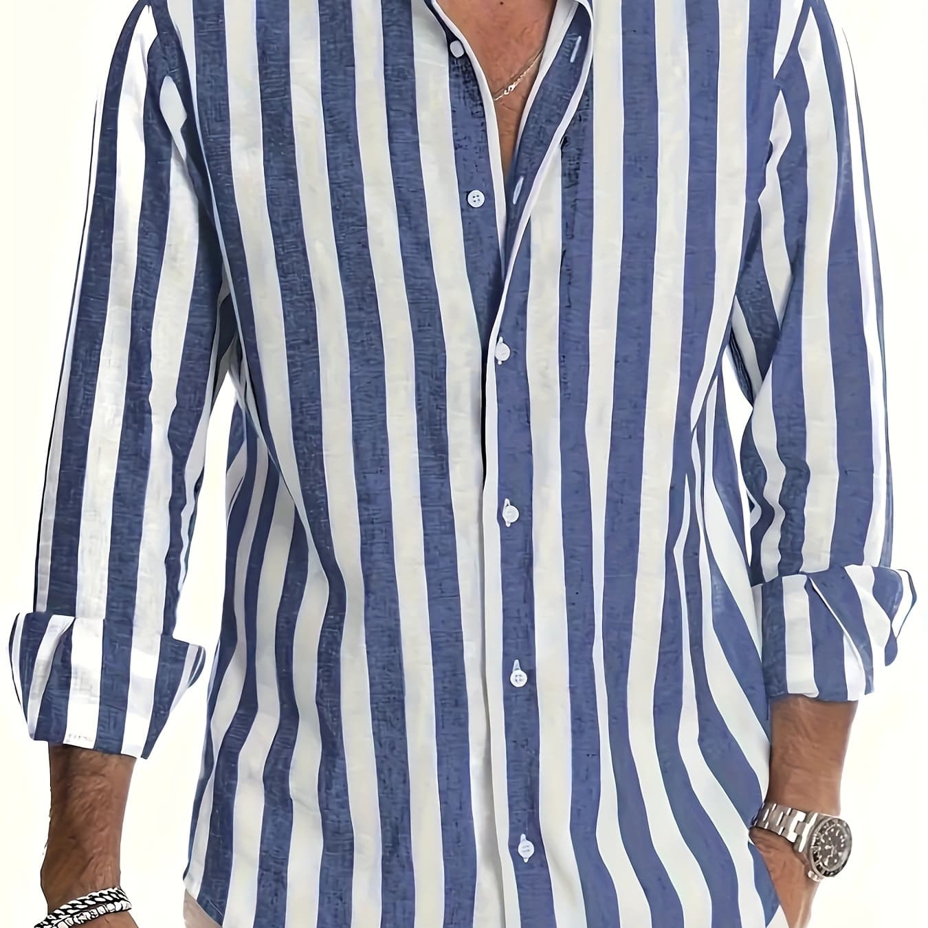 Striped Men's Summer Fashion Simple Long Sleeve Button- Casual Collared Shirt, Versatile and Stylish, Ideal for Dates, Beach Vacations, and Gifting