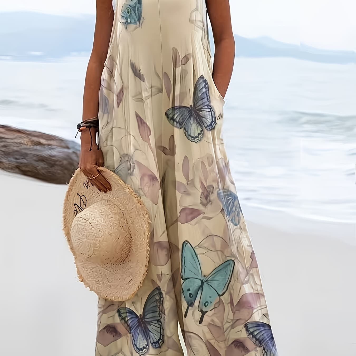 Chic Floral Butterfly Patterned Jumpsuit for Women, Featuring Wide-Leg Trousers with Pockets, Easy to Wash, And Designed for Casual Wear