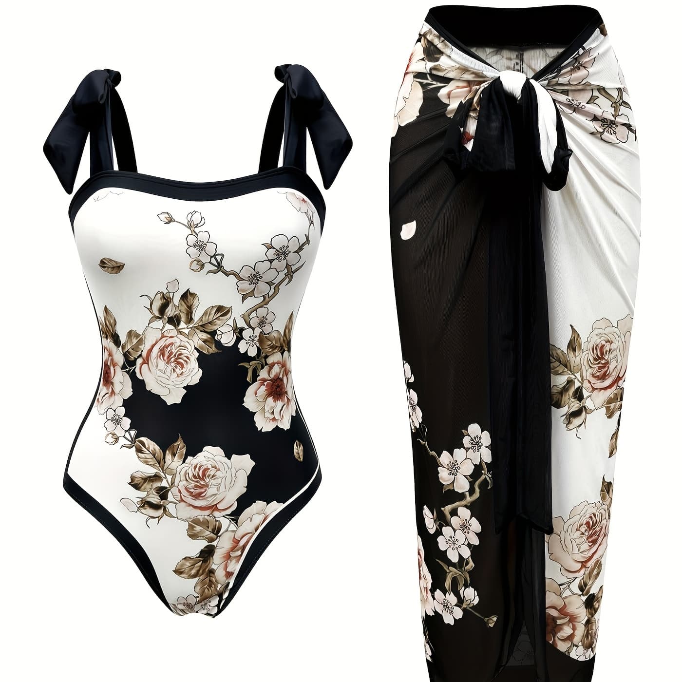 Women's Sunscreen Suit Set, Tankini Beach Wear Two-piece Set, Black And White Rose Print Skirt, Soaking In Hot Spring Swimsuit