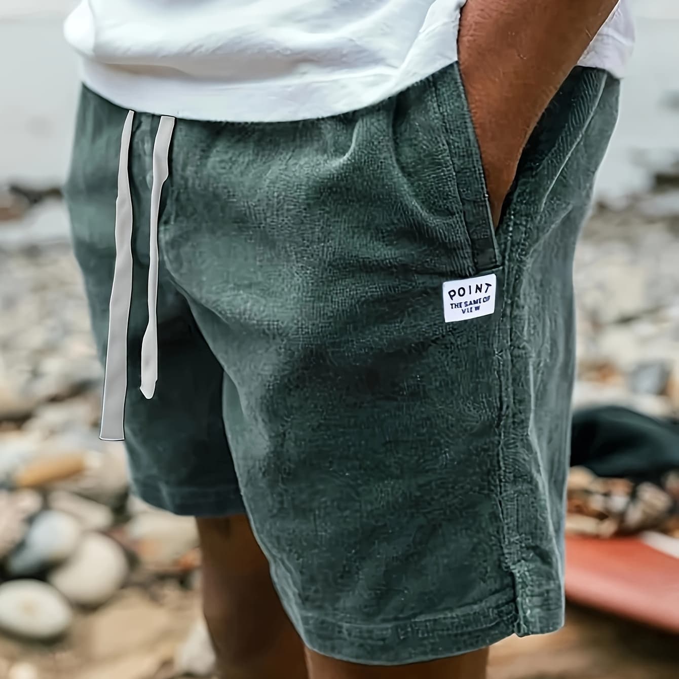 Men'S Solid Color Corduroy Shorts with Unique Label, Featuring a Drawstring And Pocket, Perfect for Casual Summer Street Fashion