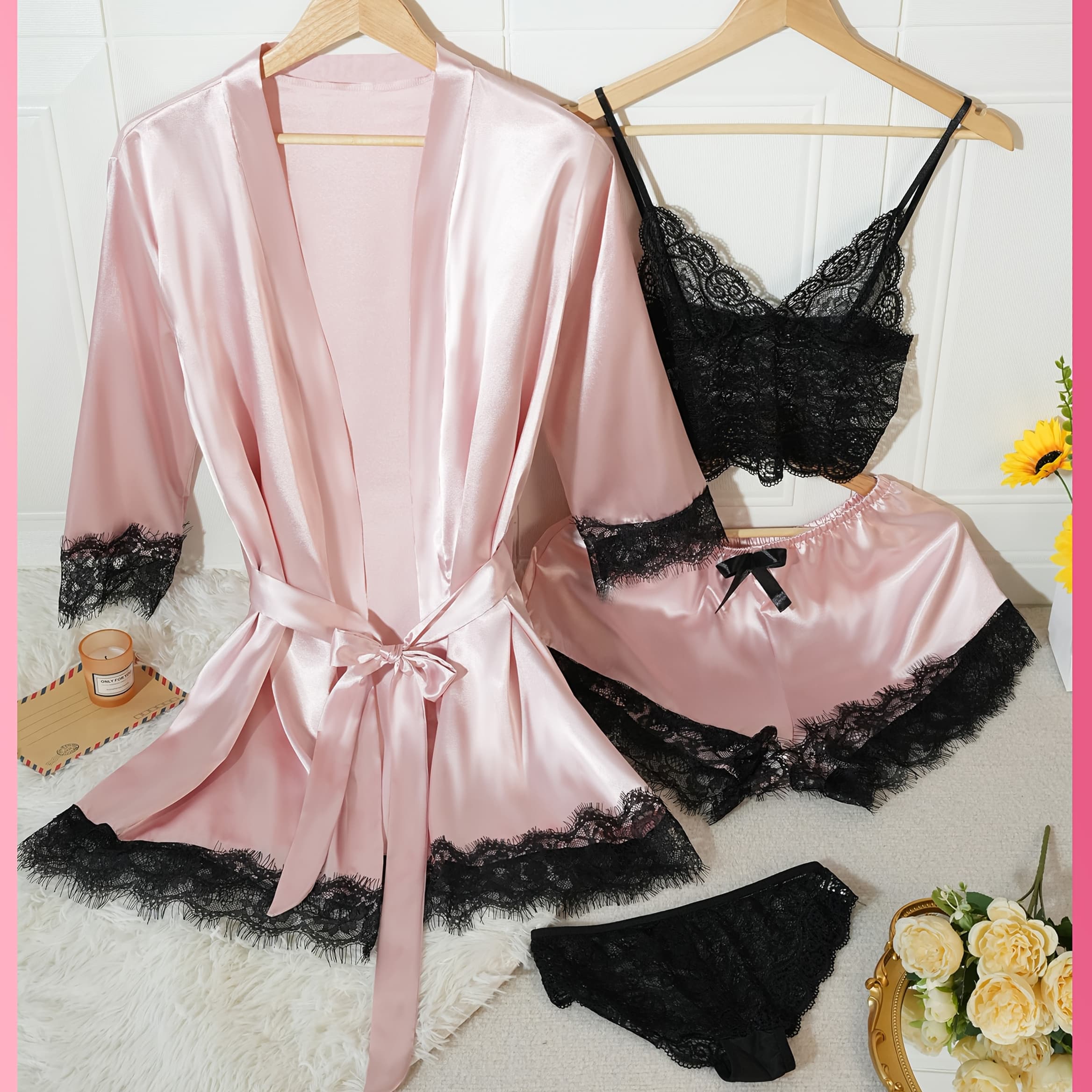 Ladies' Elegant Palace Style Pajama Set, Soft Fabric, Comfortable, Underwear and Nightgown 4pcs Set