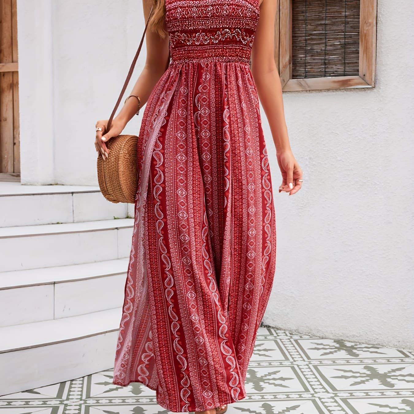 Women's Elegant Paisley Print Off-Shoulder Jumpsuit - High Thigh Slit Summer Dress, Machine Washable Casual & Formal Wear, No Stretch Fabric, Evening Wear | Flowy Fabric