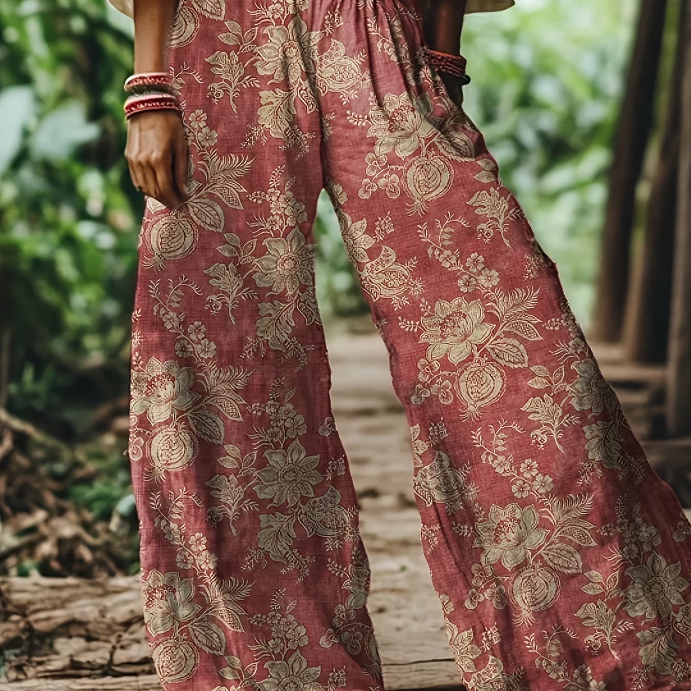 Women's Vintage Floral Palazzo Pants: High-Waisted Wide-Leg Trousers with Bloom & Leaf Print In Rust for Garden Parties, Casual Daily Wear, Picnic Outings And Cozy Loungewear