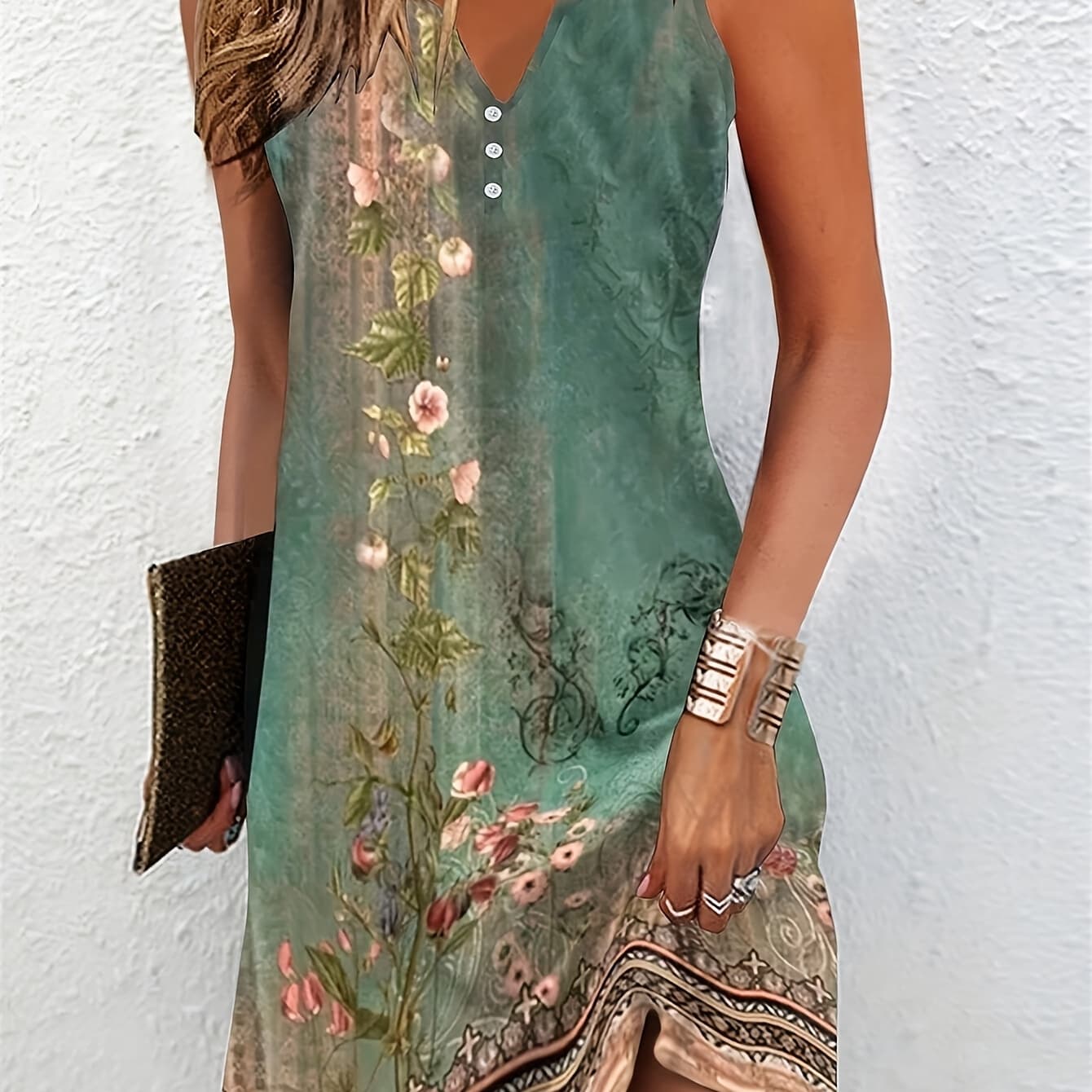 Women's Summer Holiday Floral Print Sleeveless V-Neck Loose Dress with Slit