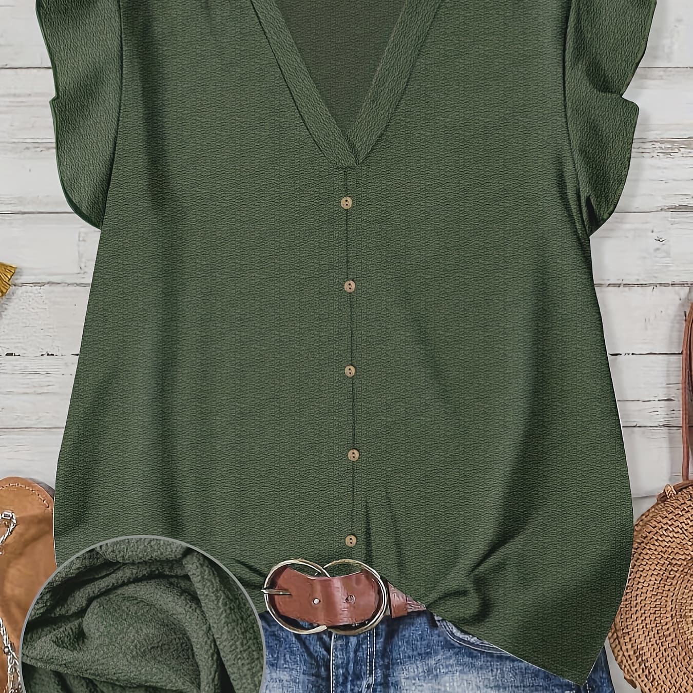 Elegant Solid Color V-Neck Button Decorative Cap Sleeve Shirt