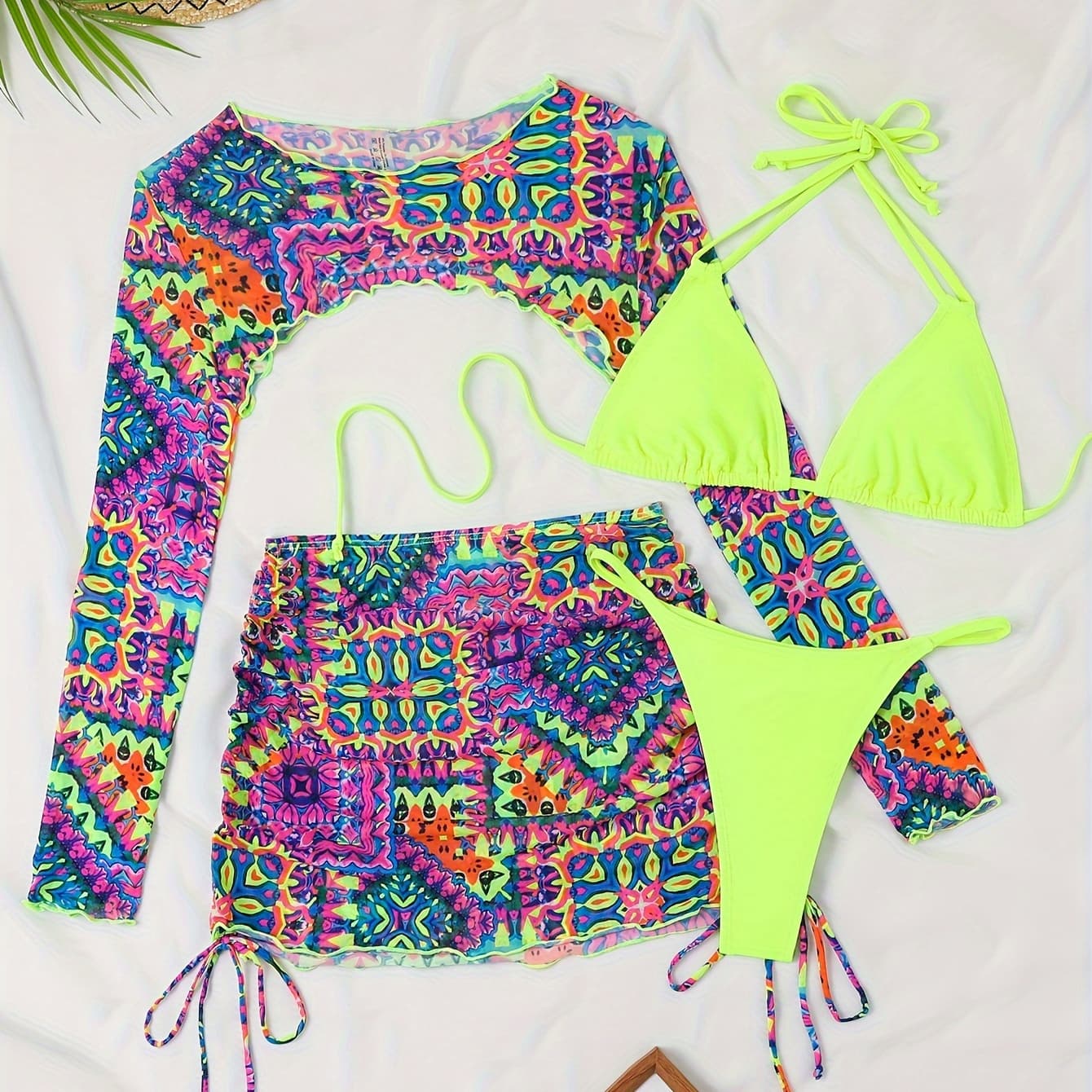 Bikini Set with Cover-Up | Spaghetti Strap, High Stretch Fabric, Random Print Pattern