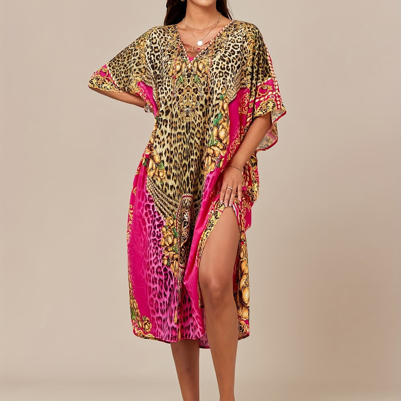 Women's Bohemian Leopard Print Mrs Roper Kaftan Dress - Sleeveless Side Slit Beach Cover Up, Lightweight Machine-Washable Swimsuit Coverup for Poolside & Summer Outfits, Poolside Apparel, Flowing Robe Style, No Stretch Fabric