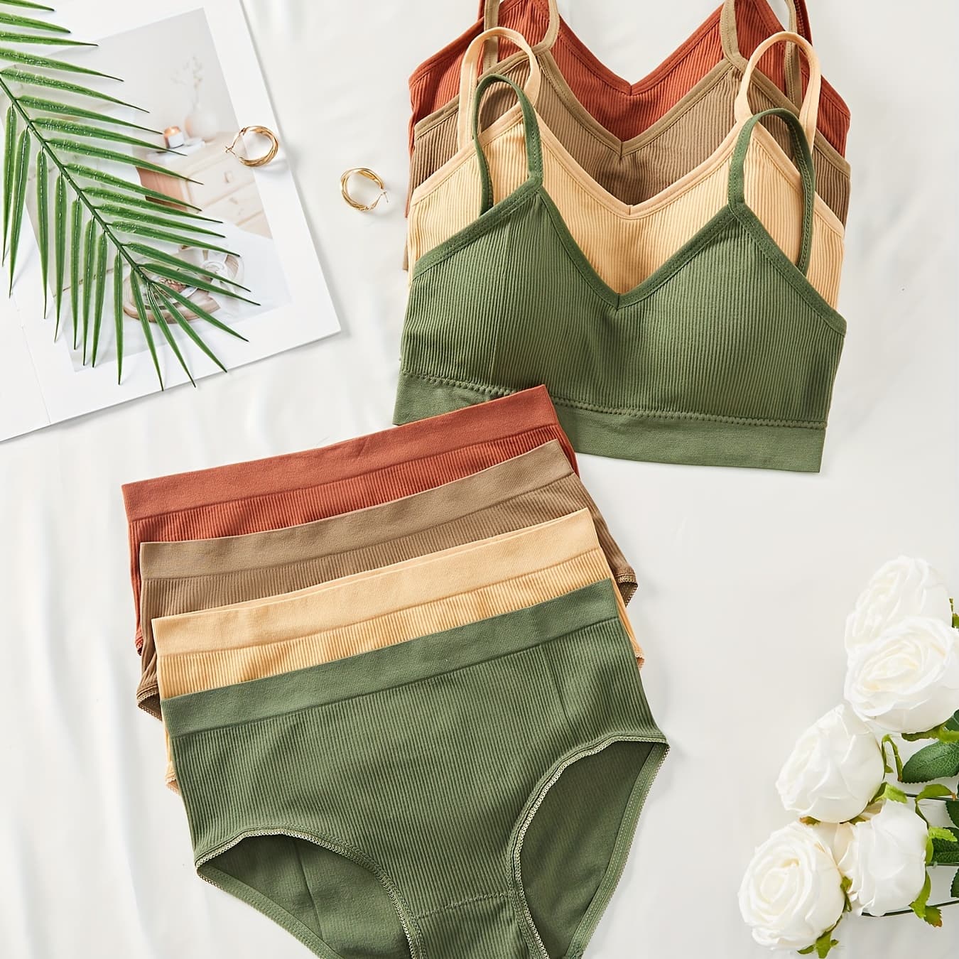 4 Sets Sexy Ribbed Bralette And High Waisted Panty Set, Assorted Colors, Comfortable Lingerie For Women, Stretchy Breathable Underwear Set