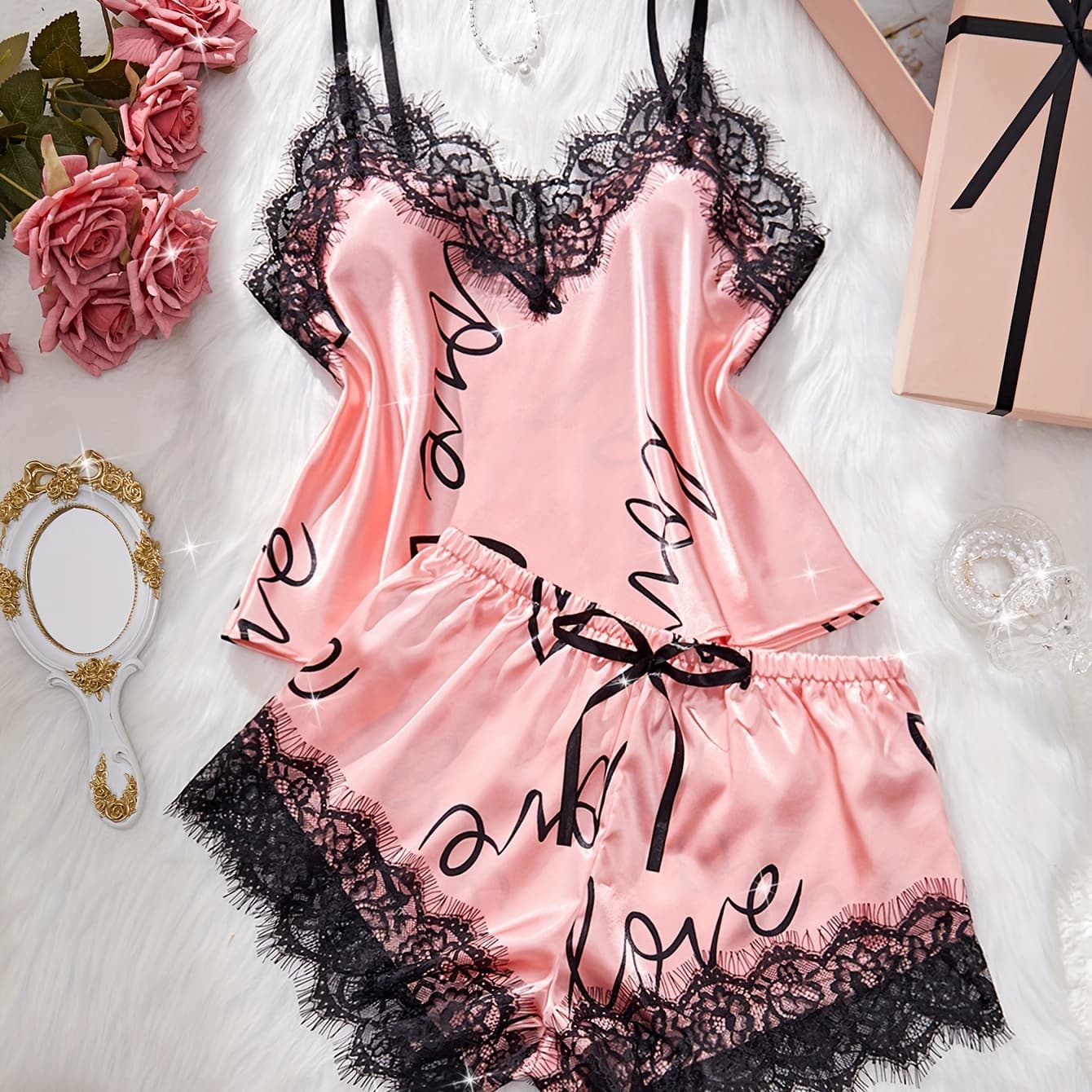 Contrast Lace Letter Print Pajamas Set | Spaghetti Strap Top with Bow Decor, Short Shorts, Elegant Sleeveless Design, Women'S Sleepwear & Loungewear for Spring/Summer/Fall