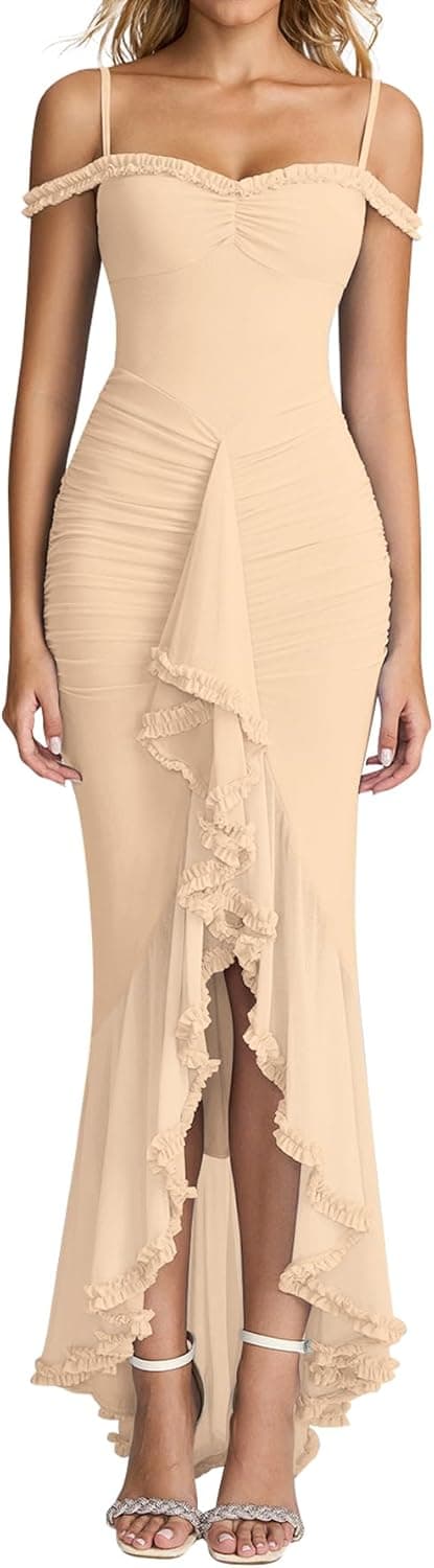 KUTUMAI Women Ruffle Bodycon Maxi Dress Ruched Long Formal Cocktail Wedding Guest Dresses