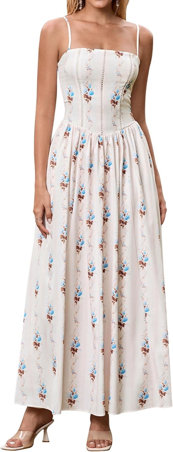 KUTUMAI Floral Corset Long Maxi Dress Lace Up Flowy A Line Summer Wedding Guest Dresses for Women Sundress with Pockets