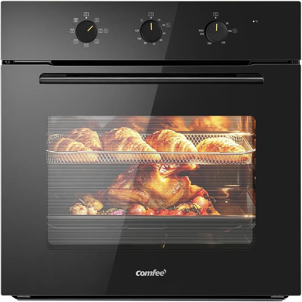 COMFEE' 60L, 60cm Wide, Single Electric Built-in Fan Oven, 8 Function with Air Fry, Multiphase Cooking and Easy Cleaning Removable Door