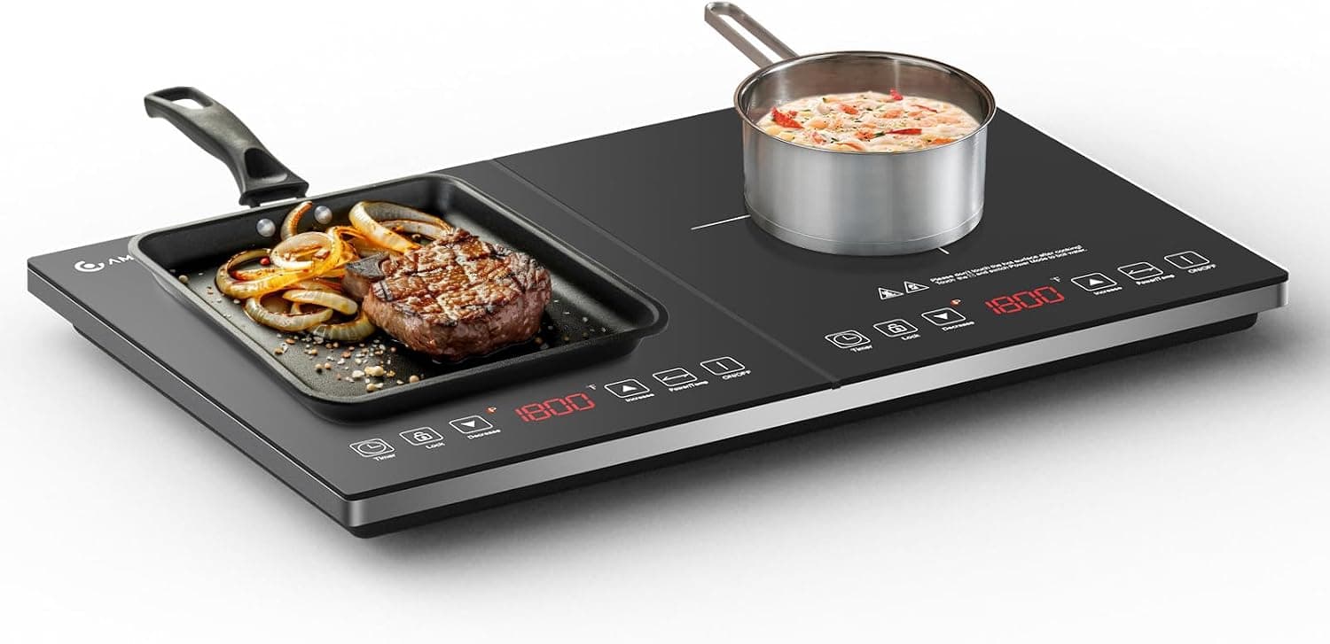 AMZCHEF Double Induction Hob, Portable Induction Cooker with Ultra-Thin Body, Independent Control, 10 Temperature Levels, Multiple Power