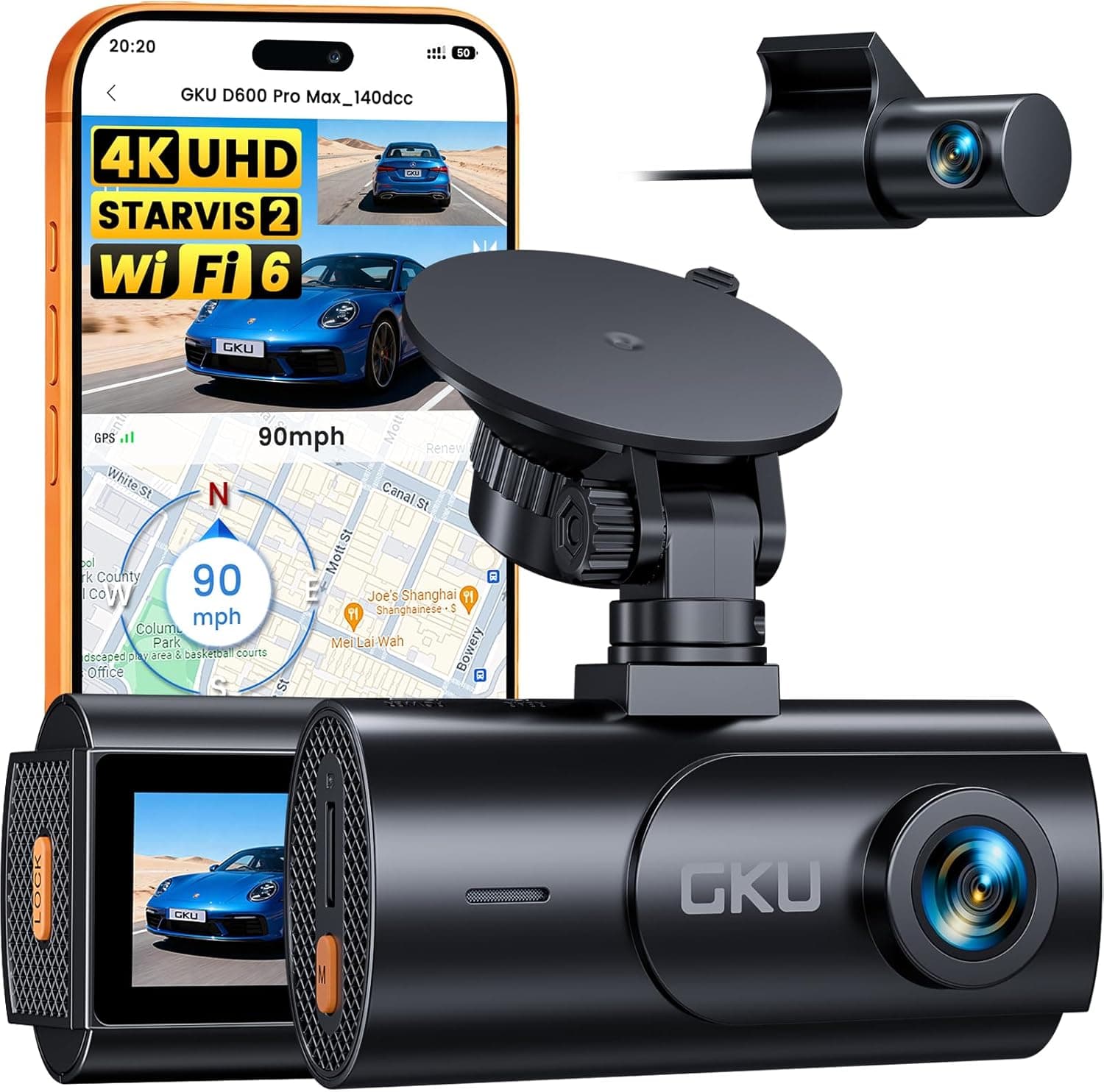 GKU 4K Dash Cam Front and Rear, STARVIS 2 Sensor, 5.8GHz WiFi6 20MB/s Dashcam, Voice Control, 3 "IPS Car Camera Dash Cam with GPS, Night