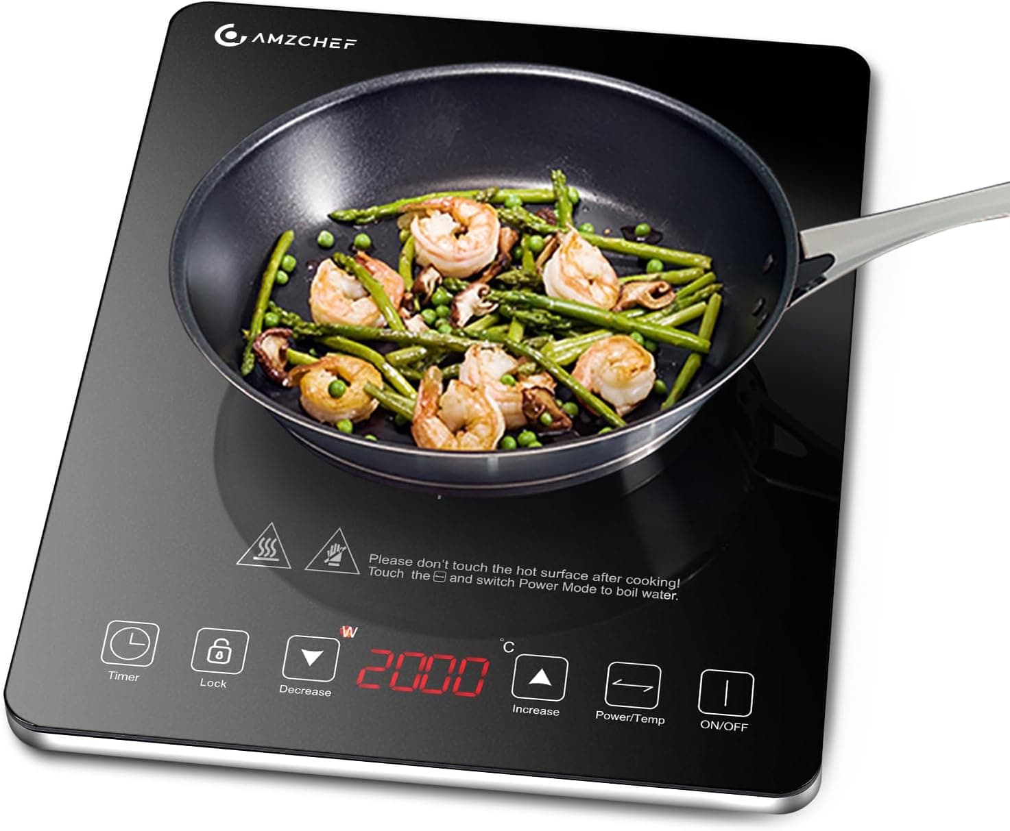 AMZCHEF Single Induction Cooker, Ultra-thin Induction Hob with Fashion Look, 10-level Power and Temperature Control, Black Frosted Glass