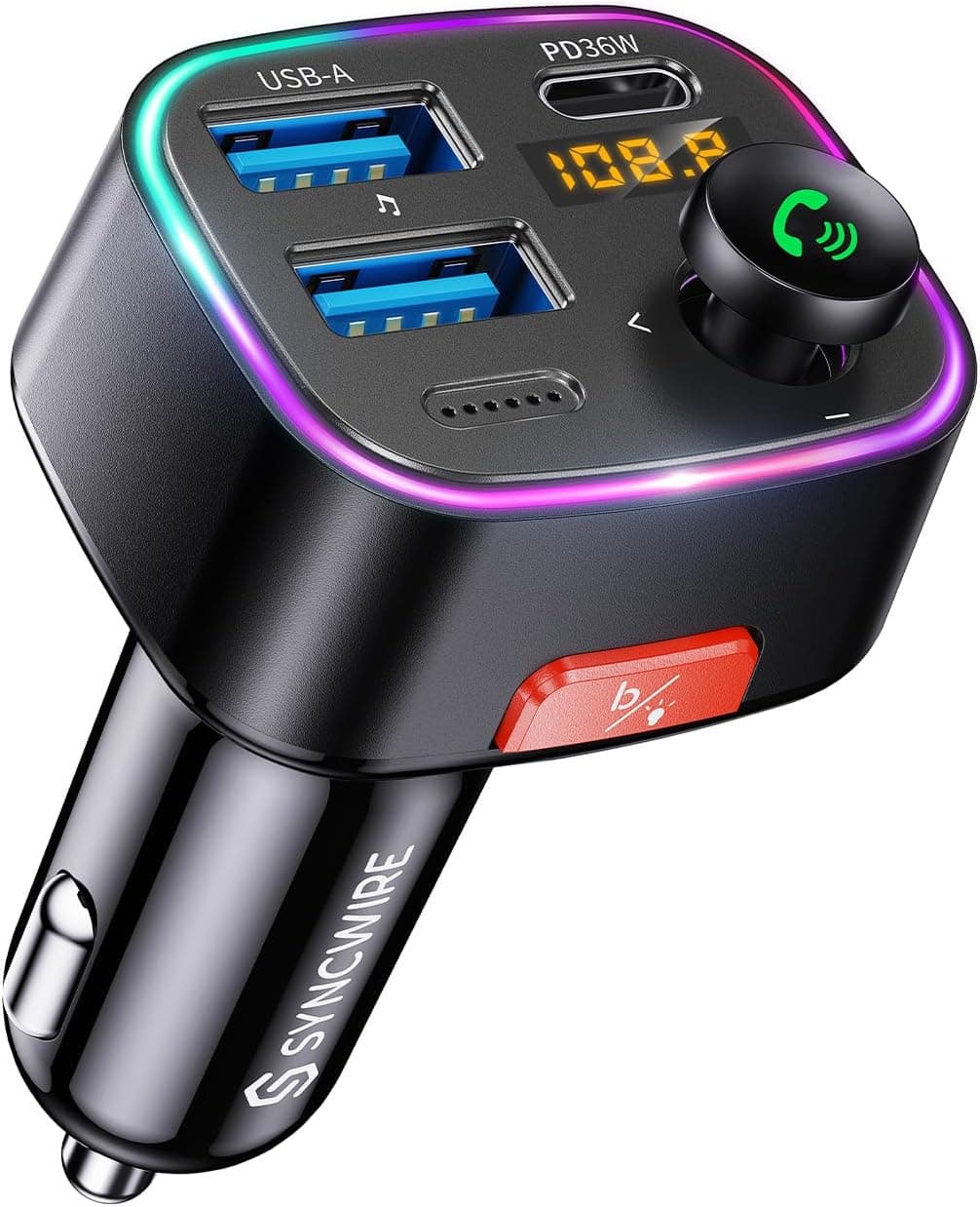 Syncwire Bluetooth 5.4 FM Transmitter Car Adapter 48W (PD 36W & 12W) [Light Switch] [HiFi Bass Sound] [Fast Charging] Wireless Radio Music