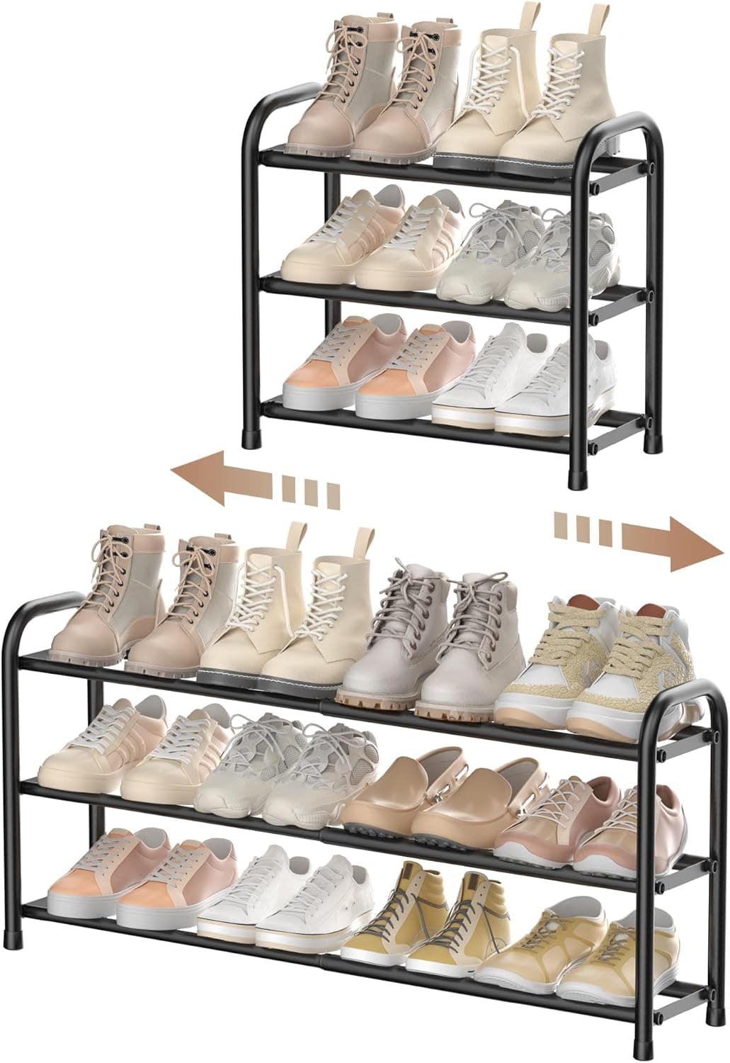 ENJOYBASICS Expandable Shoe Rack, 3 Tier Adjustable Shoe Organizer Shelf for Closet, Black Metal Free Standing Shoe Rack Storage for Small