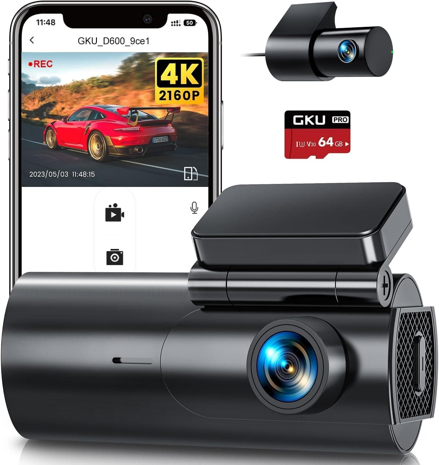 GKU 4K Dash Cam Front and Rear, 5GHz WiFi Dashcam with 64GB SD Card, Dual Car Camera Dash Cam with Parking Monitor, Night Vision, WDR, 170°