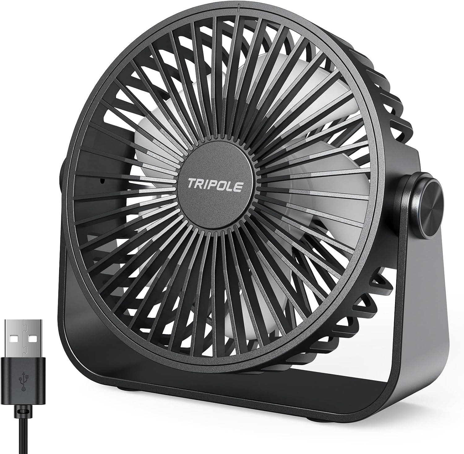 TriPole USB Desk Fan, 3 Speeds Adjustable Strong Wind Table Fan, 360° Head Rotatable 1.5 m Cable Personal Desktop Fans, 4.5 Inches Portable