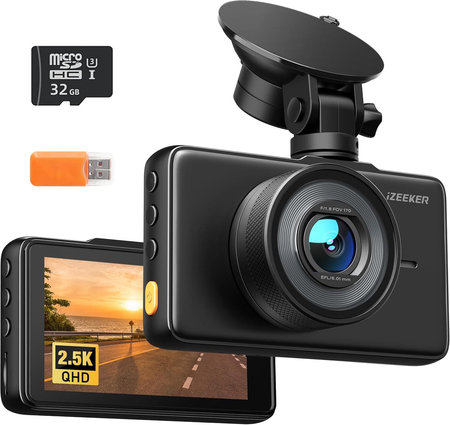iZEEKER 2.5K Dash Cam, 1440P QHD Car Camera with Free 32GB Card, 3" IPS Display, Night Vision, WDR, 170°Wide Angle, Loop Recording