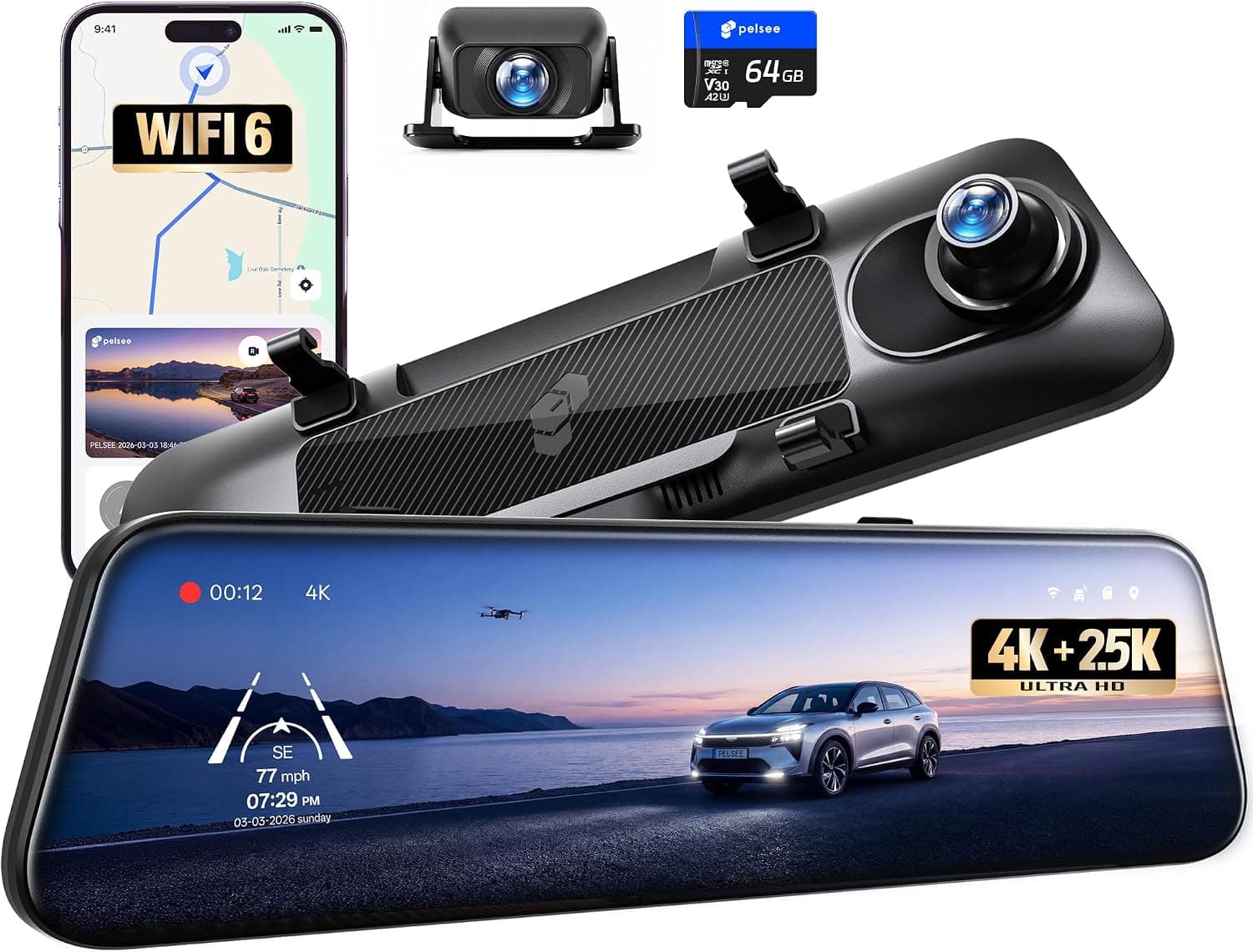Pelsee S12 Native 4K +2.5K Mirror Dash Cam, WiFi 6 30MB/s Download, Rear View Mirror Camera Backup Camera for Car Truck SUV, Dual HDR