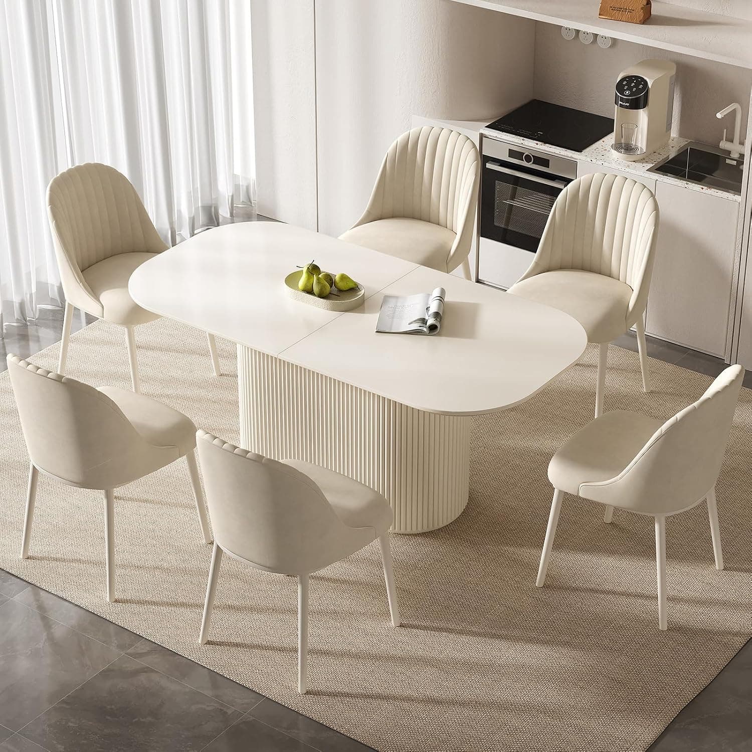Oval Dining Table Set with Chairs, Cream Modern Kitchen Table Set with Fluted Pedestal Base, Contemporary Dining Room Furniture for Home