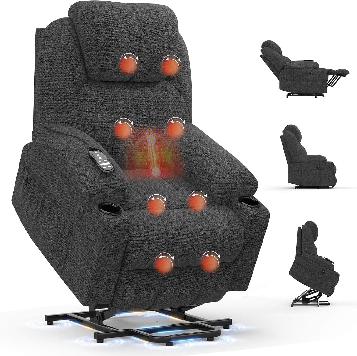 Recliner Armchair Lift Chair For the Elderly, Power Recliner Chair with Massage & Heat, Extended Footrest, Type C+USB Ports, 2 Cup Holders