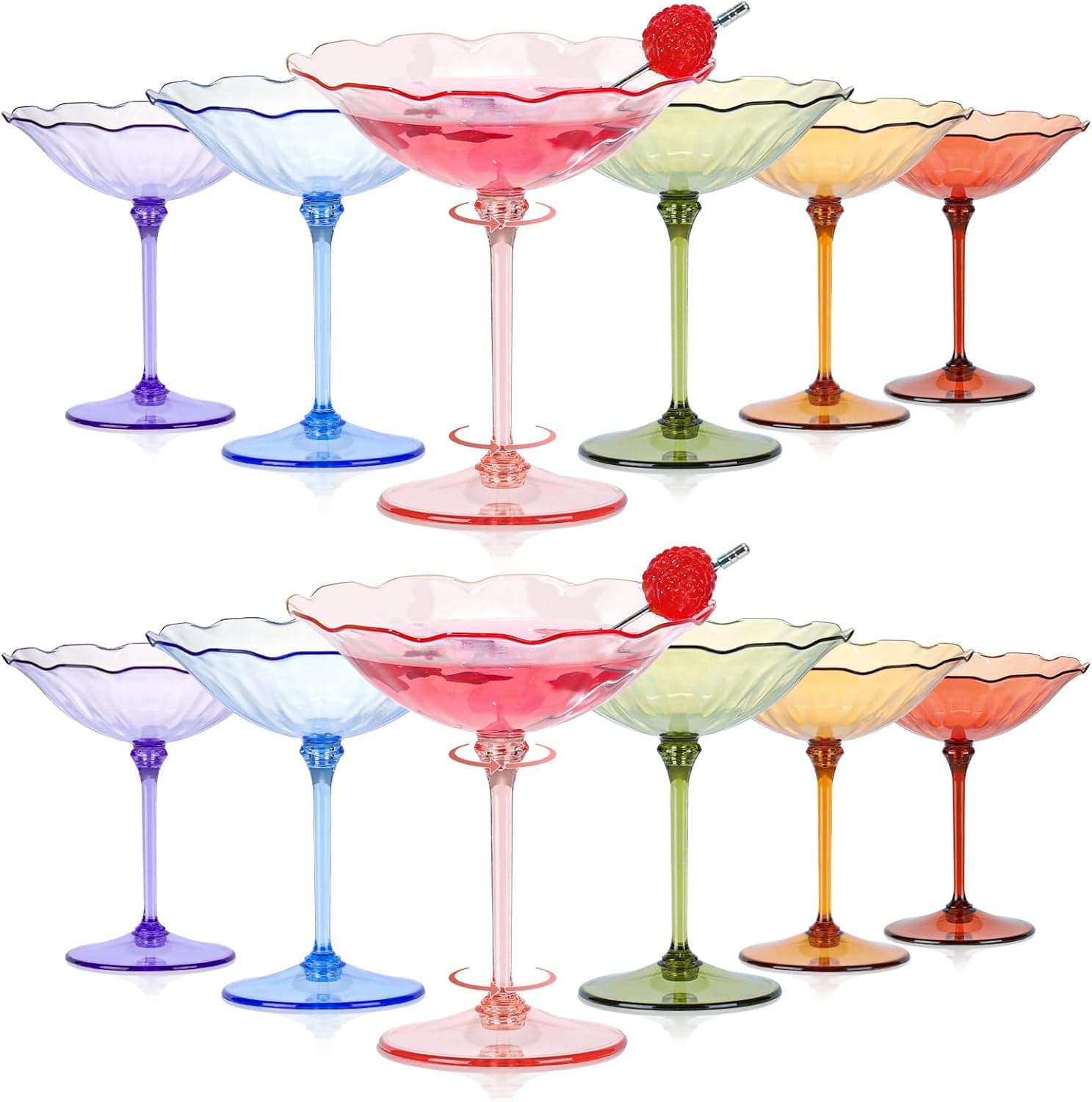 12 Pcs Colorful Plastic Martini Glasses 7oz Flower Cocktail Coupe Glasses 6 Color Disposable Martini Cup Vintage Detachable Dessert Parfait Glassware for Wedding Birthday Bachelorette Party
